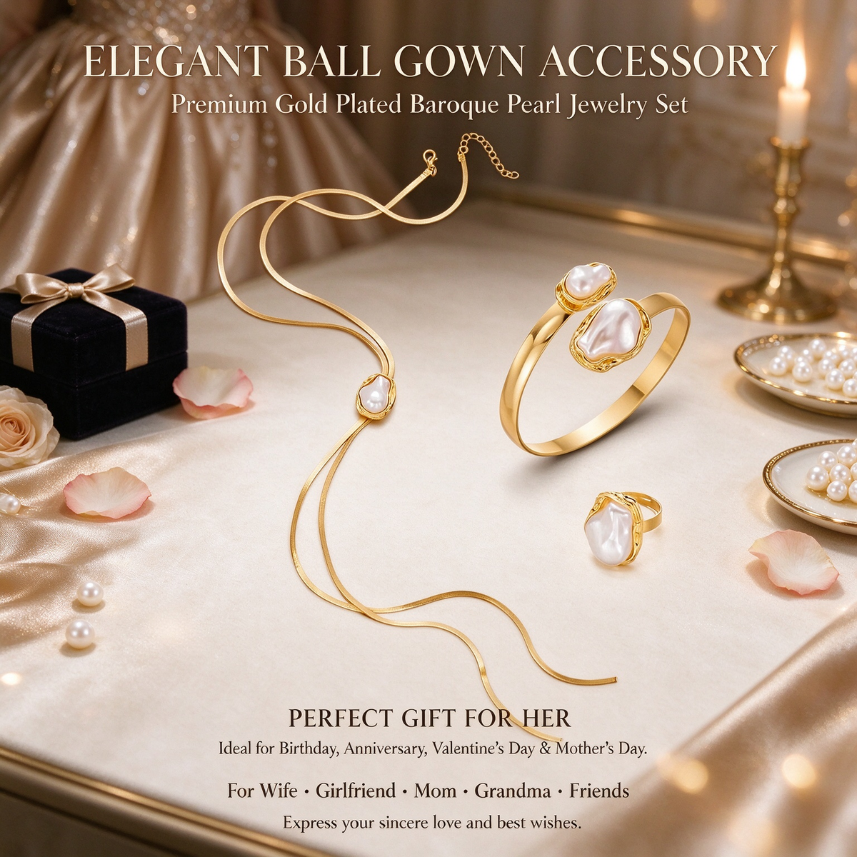 3 Piece Set Luxury Snake Chain Vintage Pearl Necklace Pendants Earrings Ring Bracelet