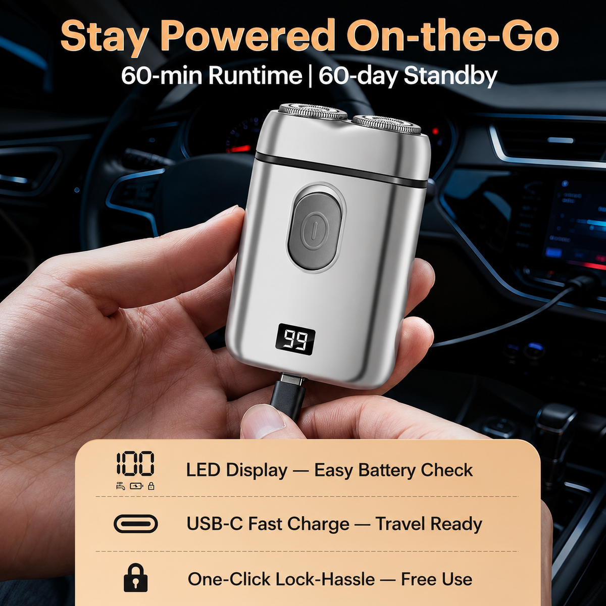 Portable Electric Shaver Dual Blade Usb Rechargeable Led Display