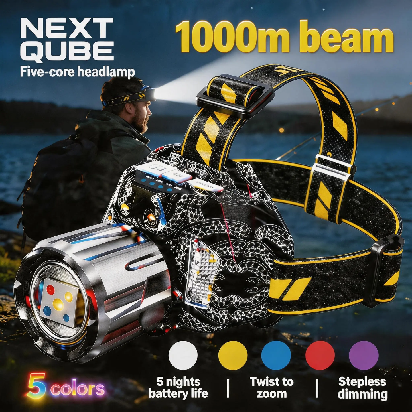Multi-Color LED Headlamp – 5 Nights Runtime, Motion Sensor & 120° Adjustable Beam
