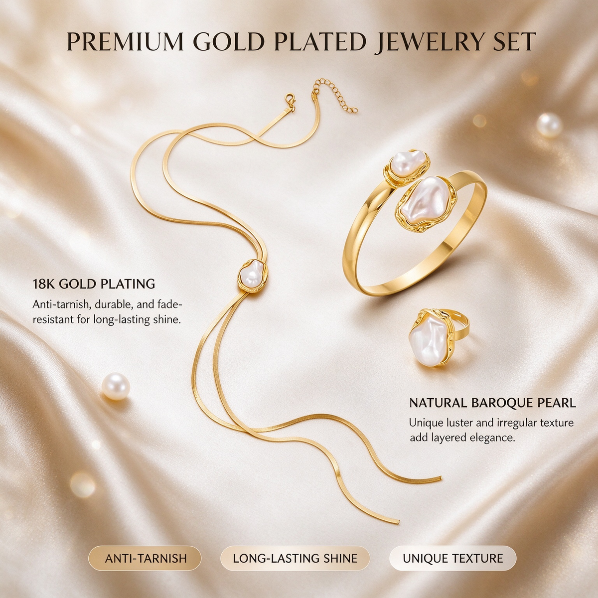 3 Piece Set Luxury Snake Chain Vintage Pearl Necklace Pendants Earrings Ring Bracelet