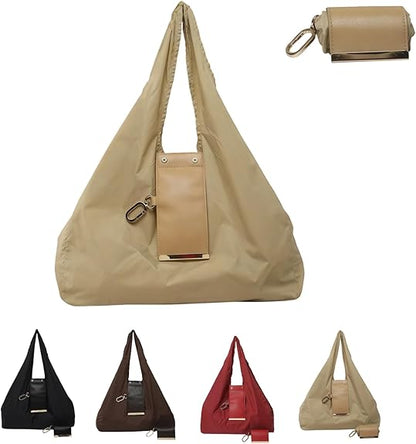 Foldable Keychain Tote Bag, Expandable Leather Mini Bag with Key Ring