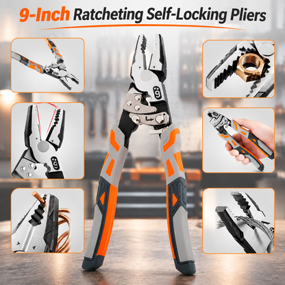 9″ Grip Pliers with Ratchet Self-Locking, 4-in-1 One Hand Tool