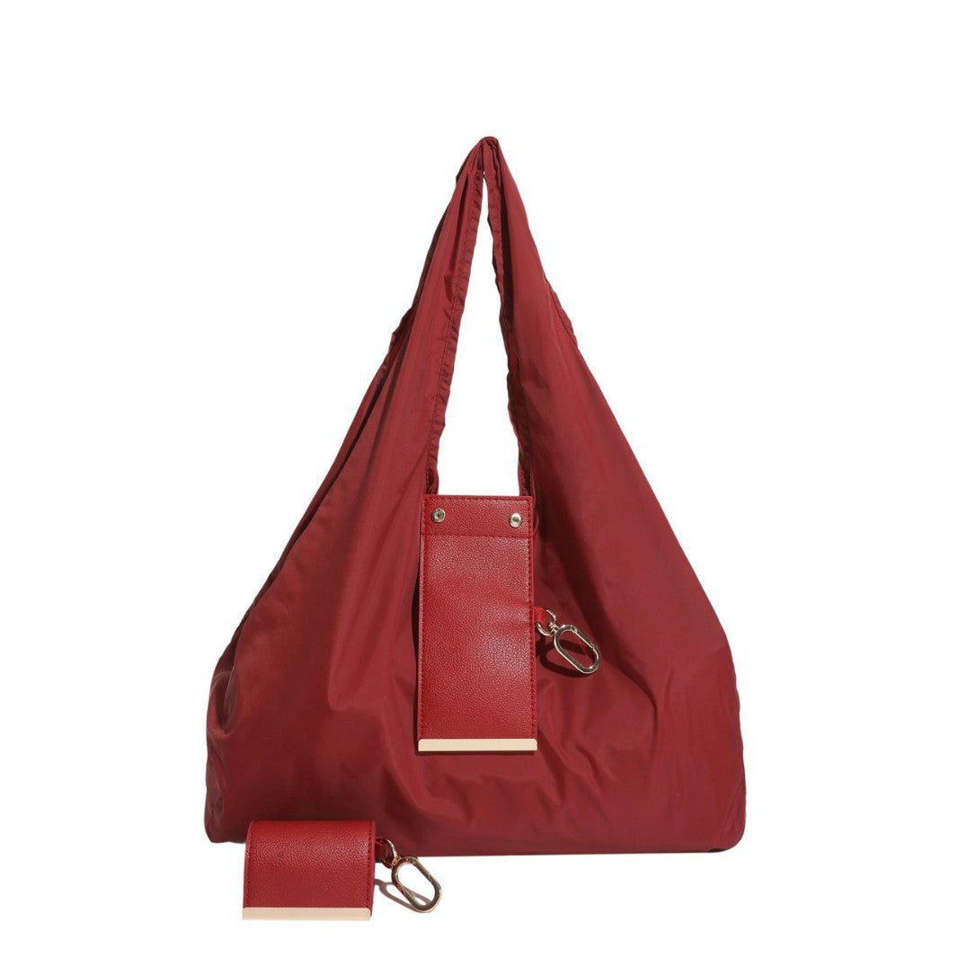 Foldable Keychain Tote Bag, Expandable Leather Mini Bag with Key Ring