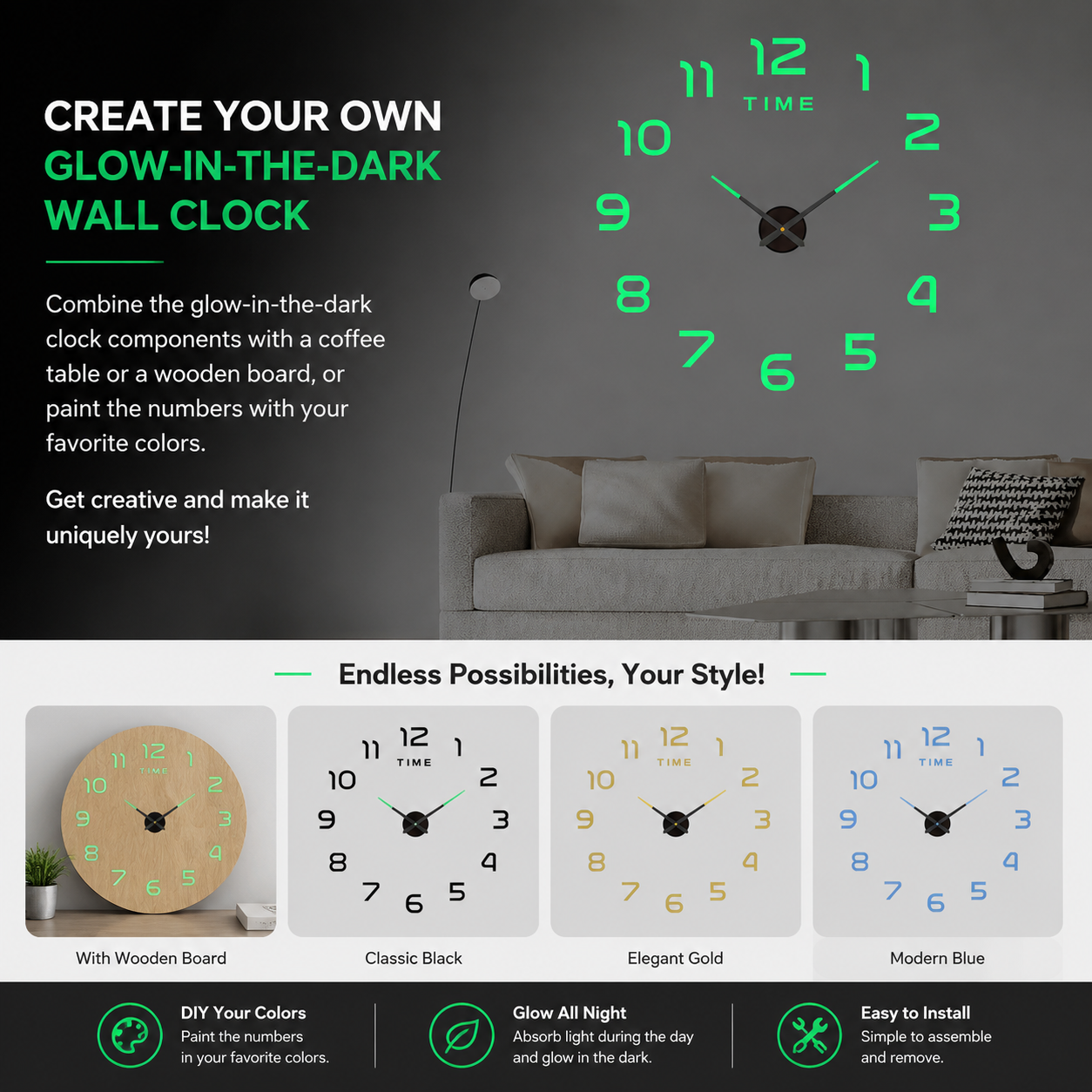 3D Luminous DIY Wall Clock Creative Design Mirror Surface Wall Decorative Sticker Watches