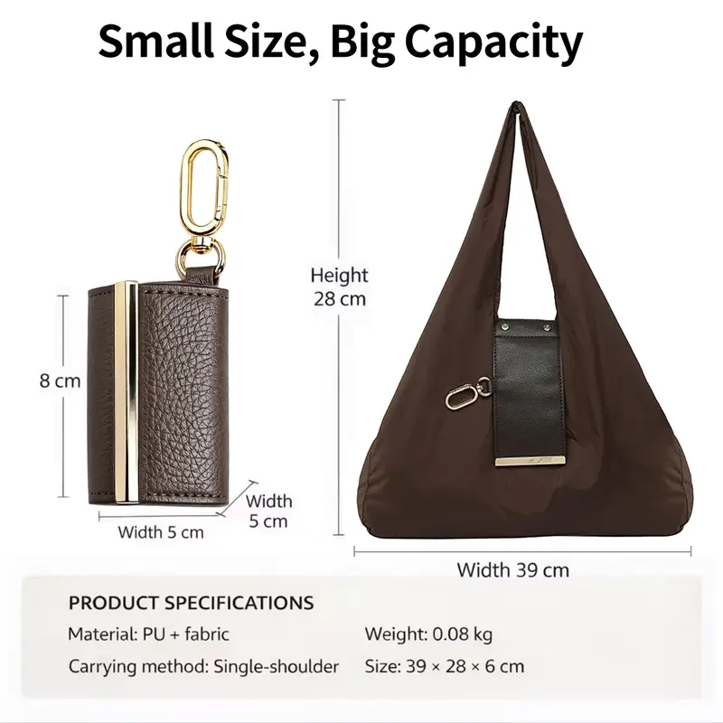 Foldable Keychain Tote Bag, Expandable Leather Mini Bag with Key Ring