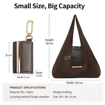 Foldable Keychain Tote Bag, Expandable Leather Mini Bag with Key Ring