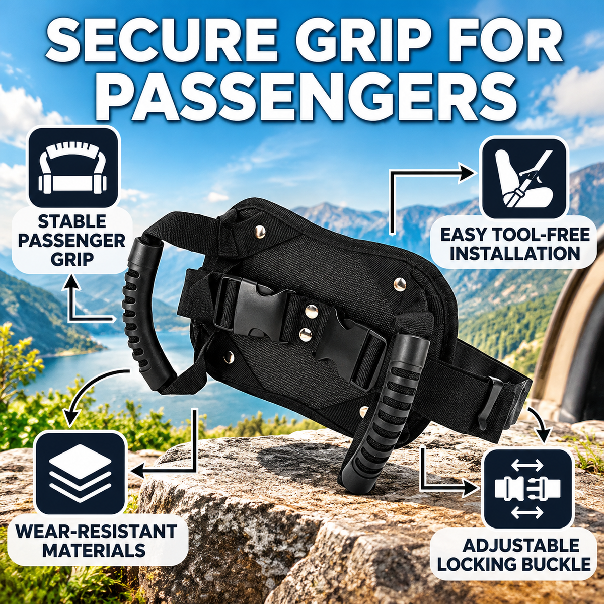 Adjustable motorcycle passenger grab strap
