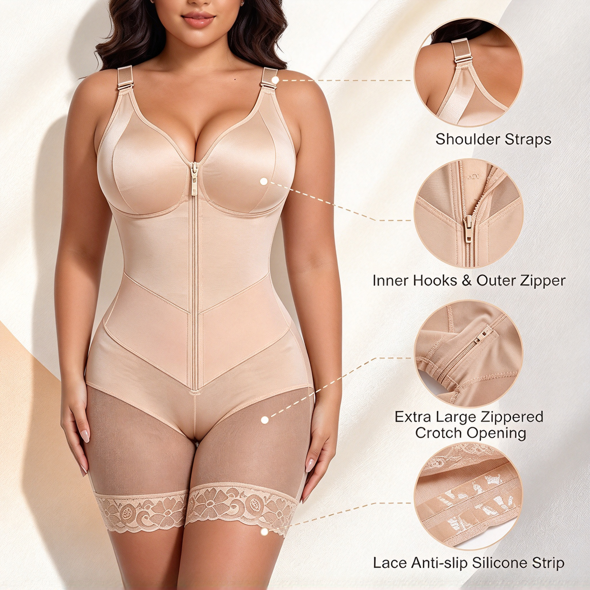 Women's Shapewear Romper with Built-In Bra, Adjustable Straps, Front Zipper
