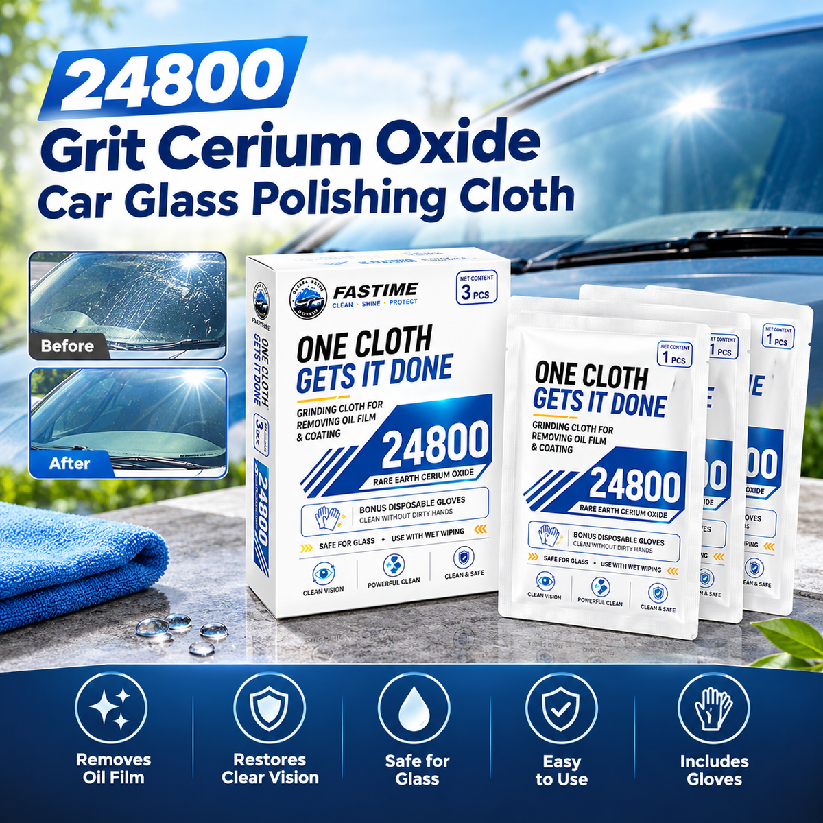 3PCS 24800 Grit Cerium Oxide Car Glass Polishing Cloths