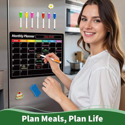 Magnetic Calendar for Refrigerator - Black Weekly Mouthly Planner Whiteboard for Fridge