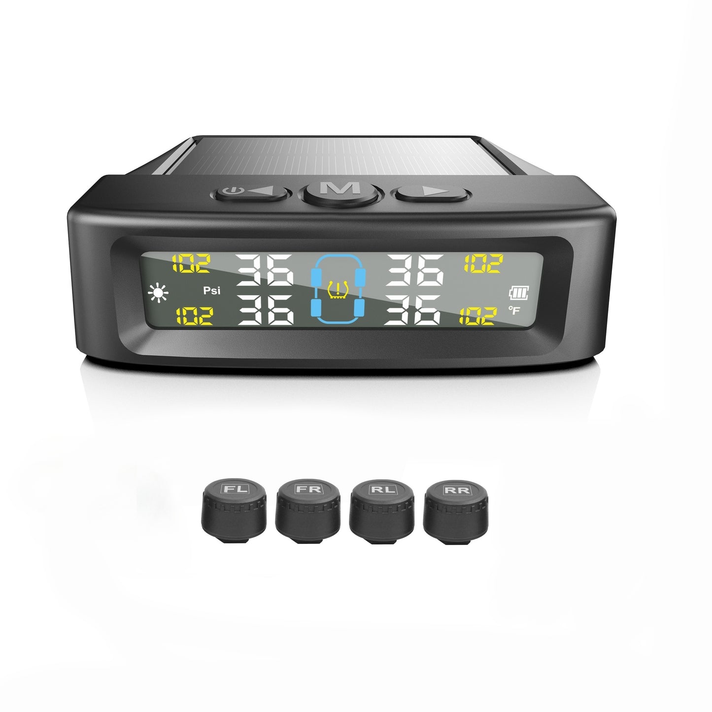 Tire Pressure Monitoring System with 4 Sensors Solar and USB Charging LCD Display
