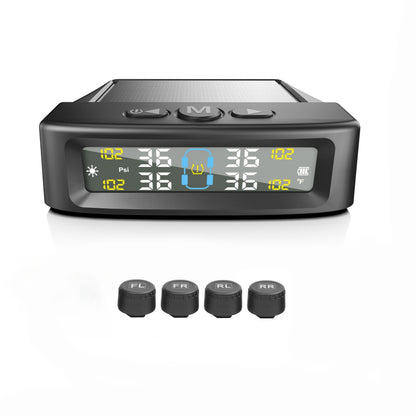 Tire Pressure Monitoring System with 4 Sensors Solar and USB Charging LCD Display