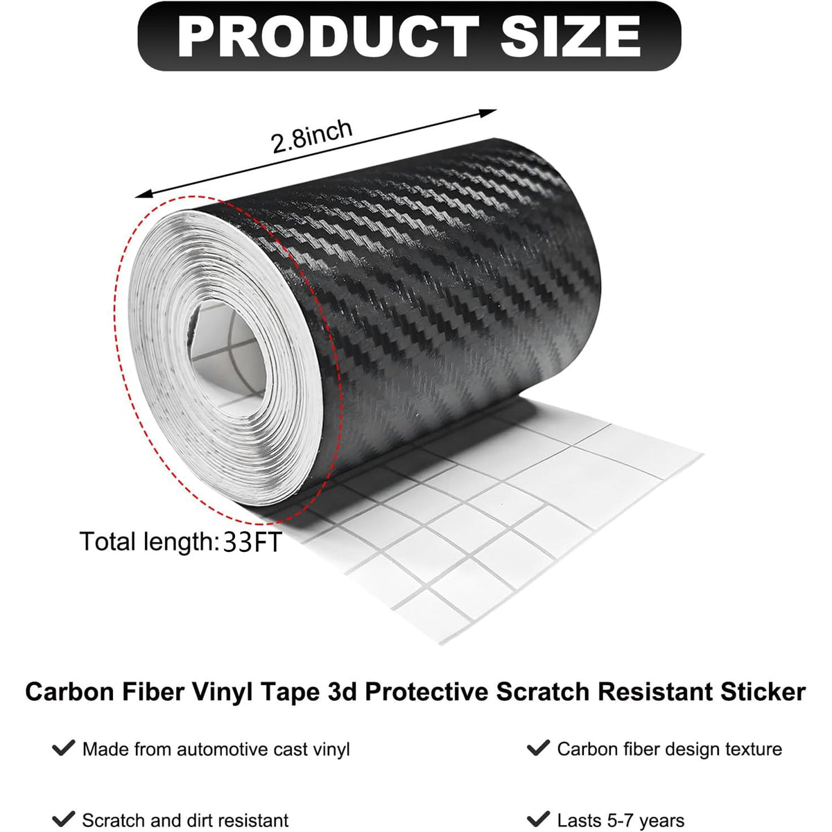33ft Car 3D Carbon Fiber Vinyl Tape, Anti-Scratch Self Adhesive Door Entry Guards Vinyl Overlay Wrap Roll