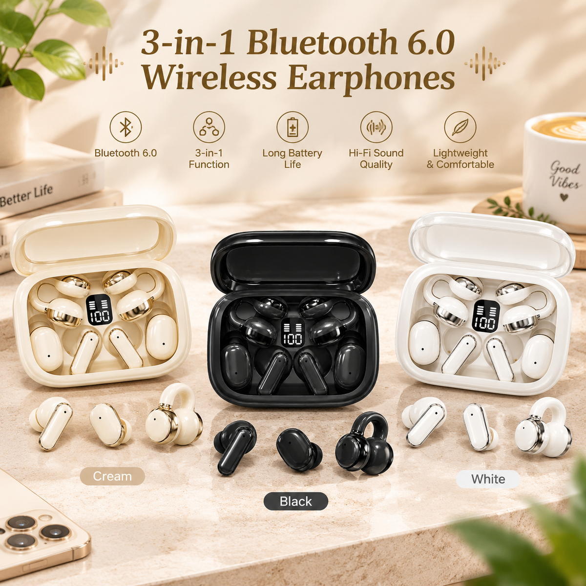 3-in-1 Bluetooth 6.0 Wireless Earbuds with Portable Charging Case