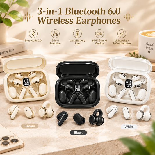 3-in-1 Bluetooth 6.0 Wireless Earbuds with Portable Charging Case