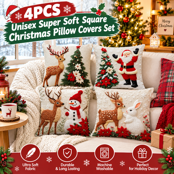 4PCS Unisex Super Soft Square Short Plush Christmas Throw Pillow Set