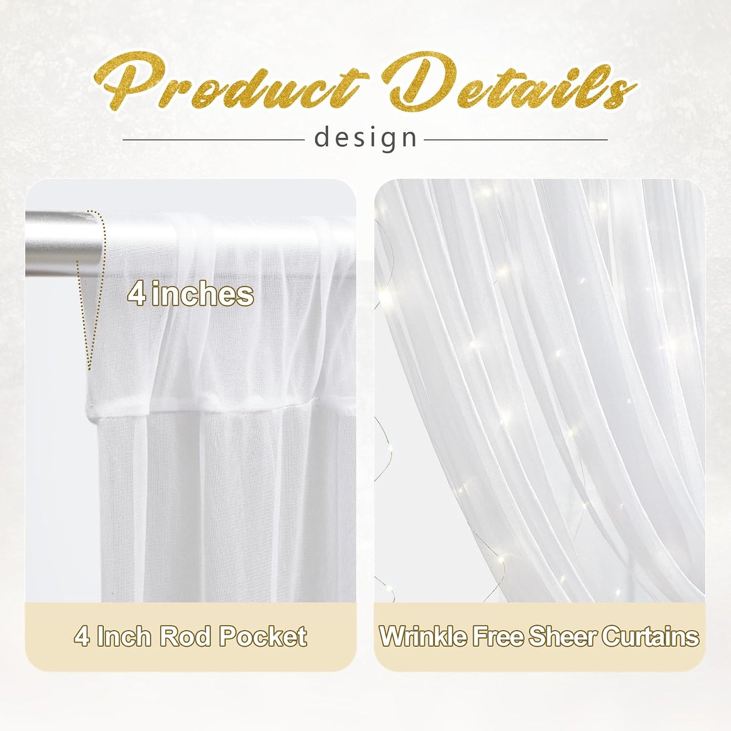 Elegant White Tulle Backdrop Curtain with Warm LED Lights for Wedding Ceremony & Reception, 63" x 118"