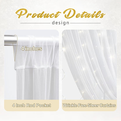 Elegant White Tulle Backdrop Curtain with Warm LED Lights for Wedding Ceremony & Reception, 63" x 118"