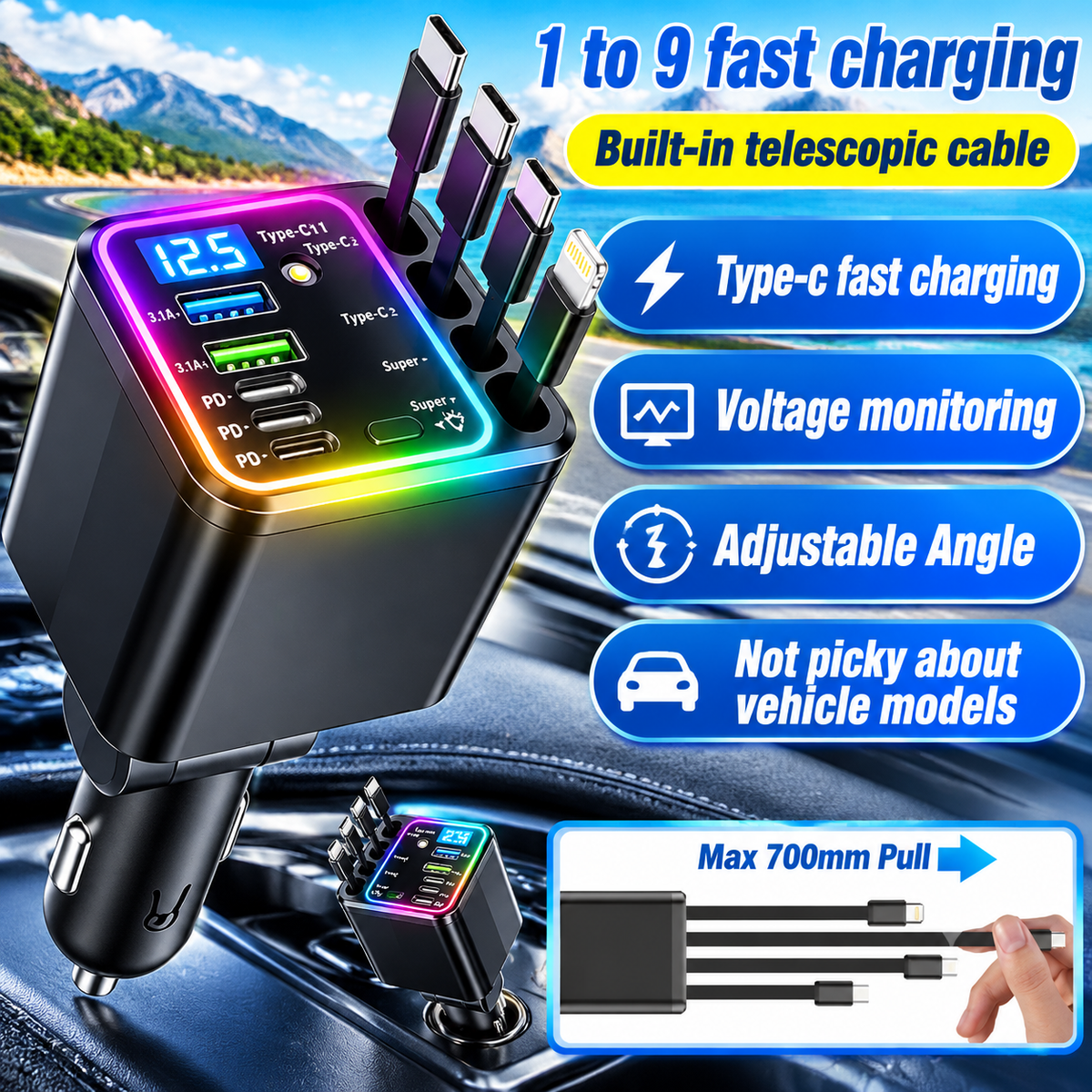 9-in-1 Fast Charging Station with 4 Built-in Cables