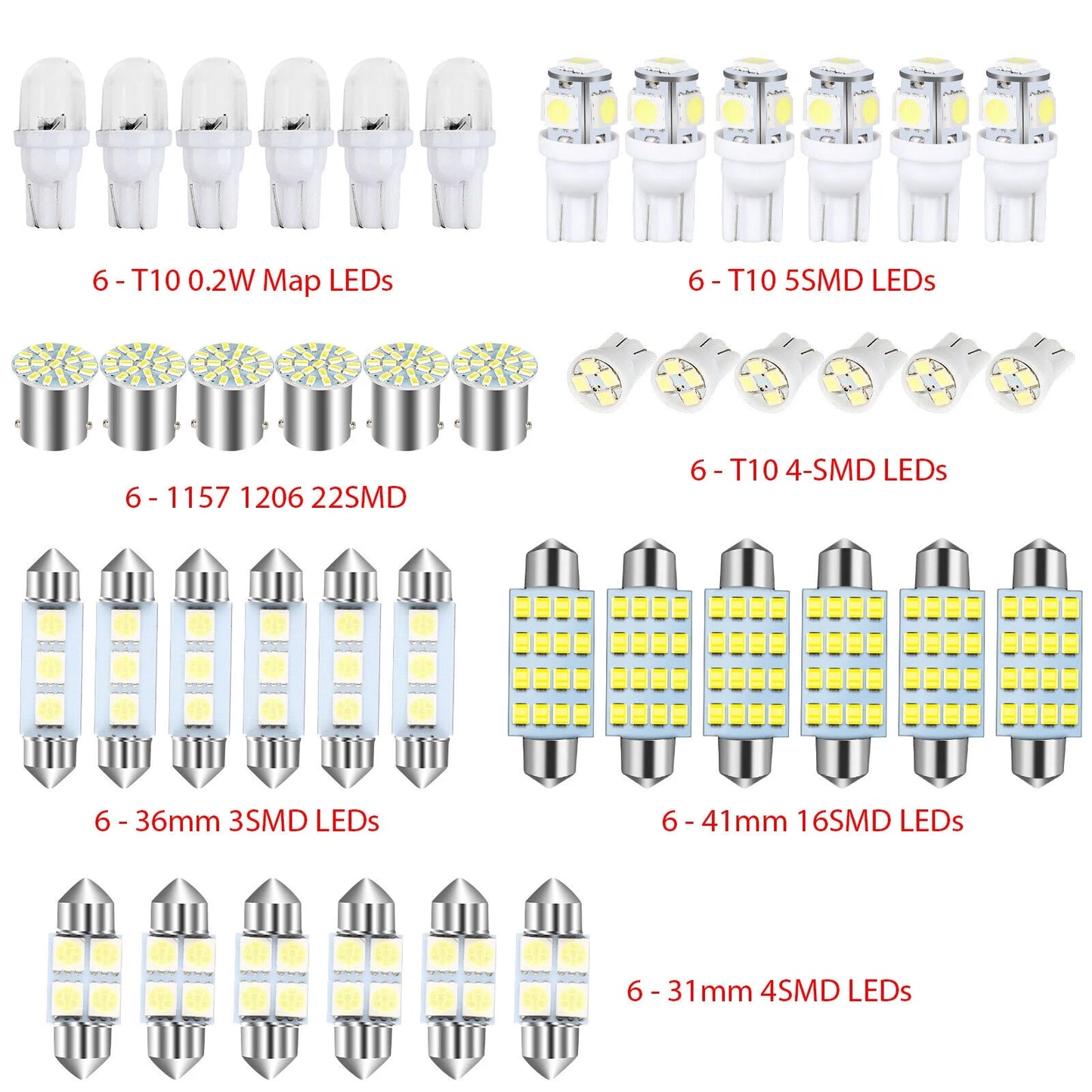 42PCS Car Interior Combo LED Map Dome Door Trunk License Plate Light Bulbs