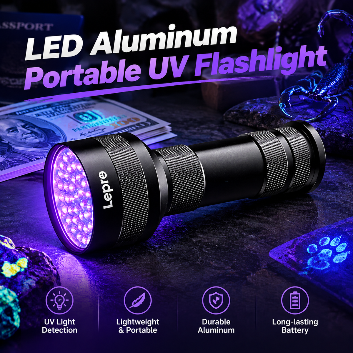 LED Aluminum Alloy Portable UV Flashlight, 395nm Scorpion ID Tool