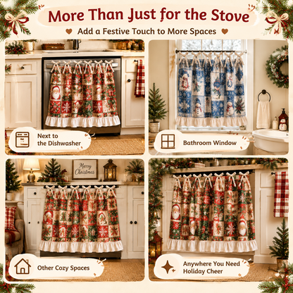 Christmas Stove Skirt, Patchwork Oven Curtain with Ruffled Trim and Bow Tie Accents