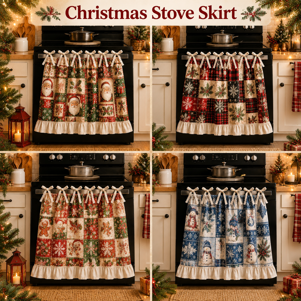 Christmas Stove Skirt, Patchwork Oven Curtain with Ruffled Trim and Bow Tie Accents