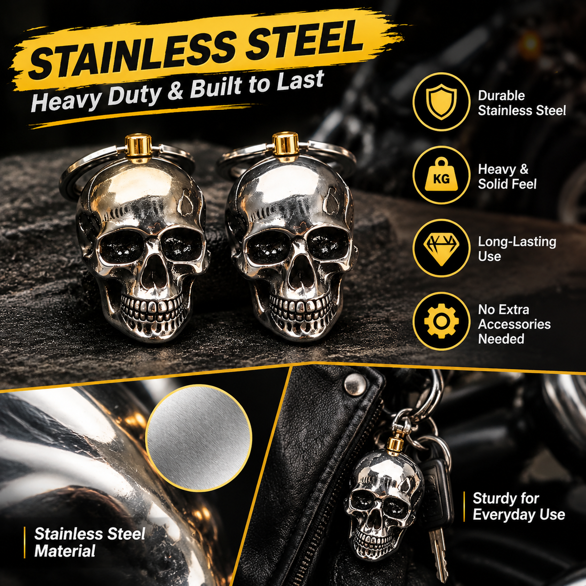 2PCS 3D Skull Heavy-Duty Metal Biker Keychain