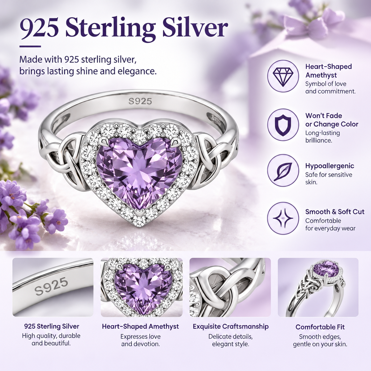 Women's 925 Sterling Silver Heart Shaped Amethyst Ring