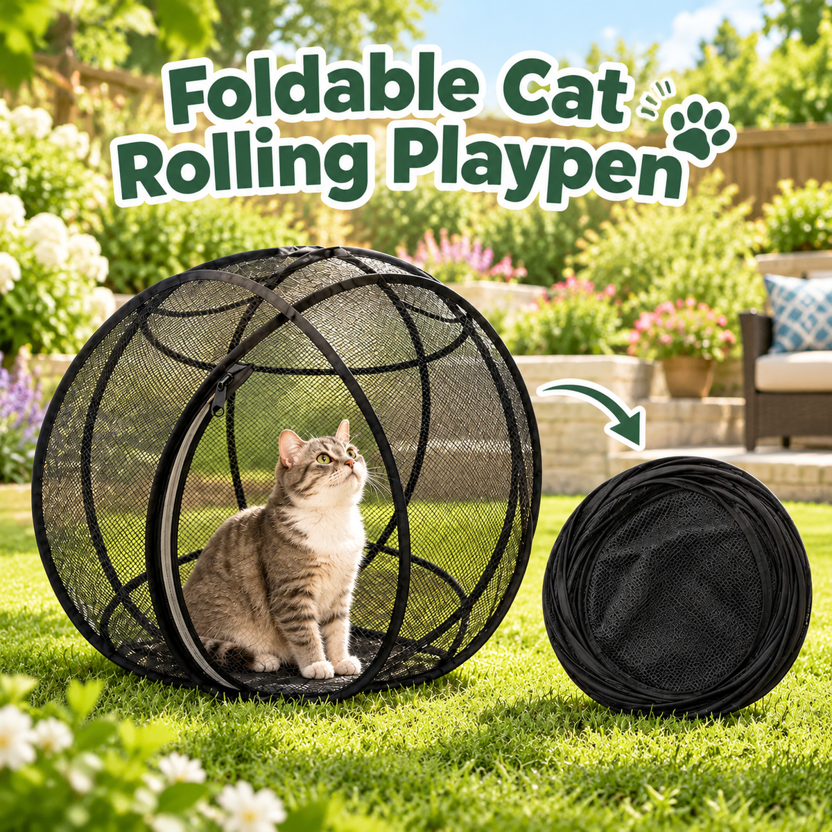 Collapsible Cat Rolling Playpen - Breathable Mesh Outdoor Pet Exercise Tunnel